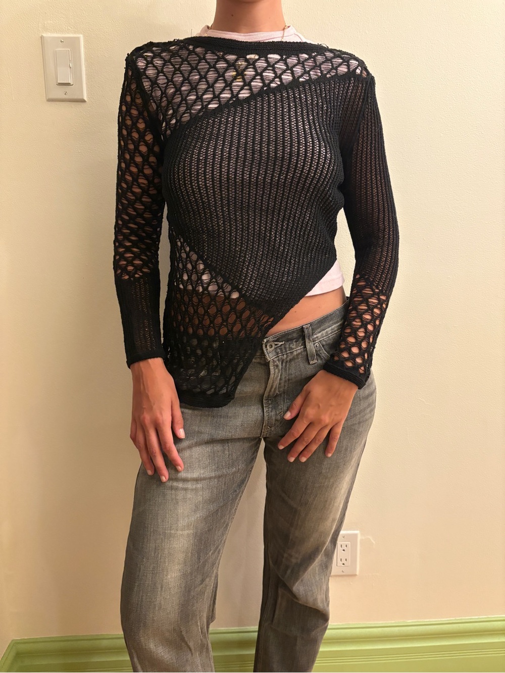 Zara Black Open-Knit Asymmetric Crew Sweater